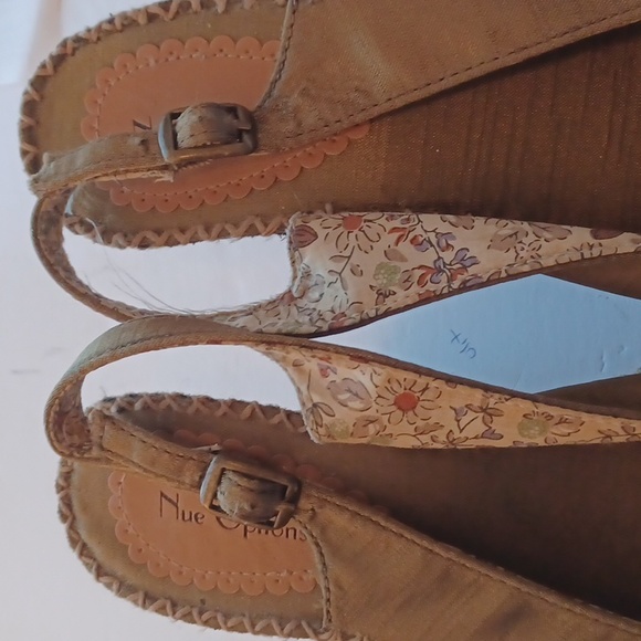 Nue Options sz 8 olive green silk cork wedges peep toe floral lining silk - Picture 3 of 8